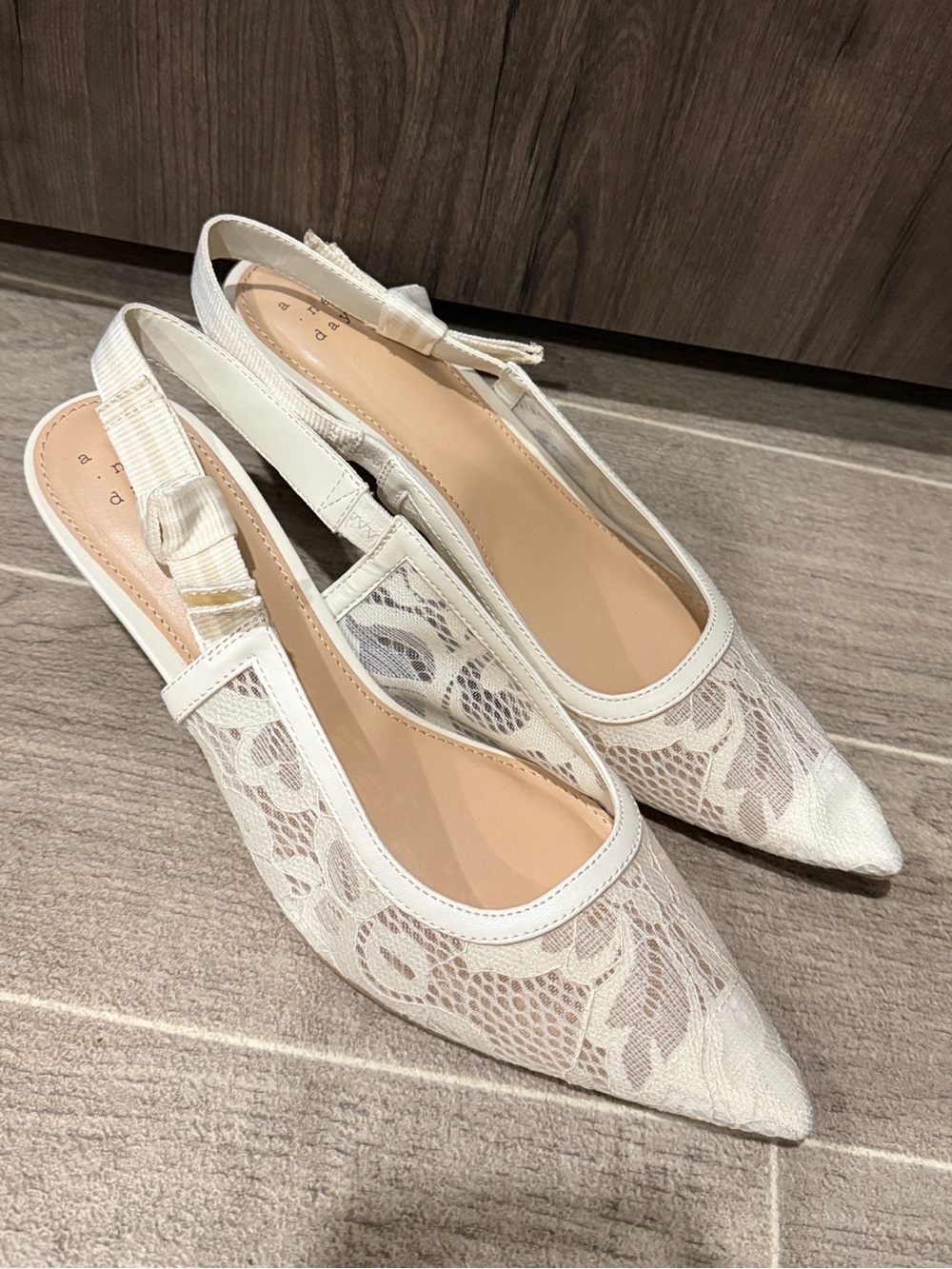White Lace Pointed Slingback Heels